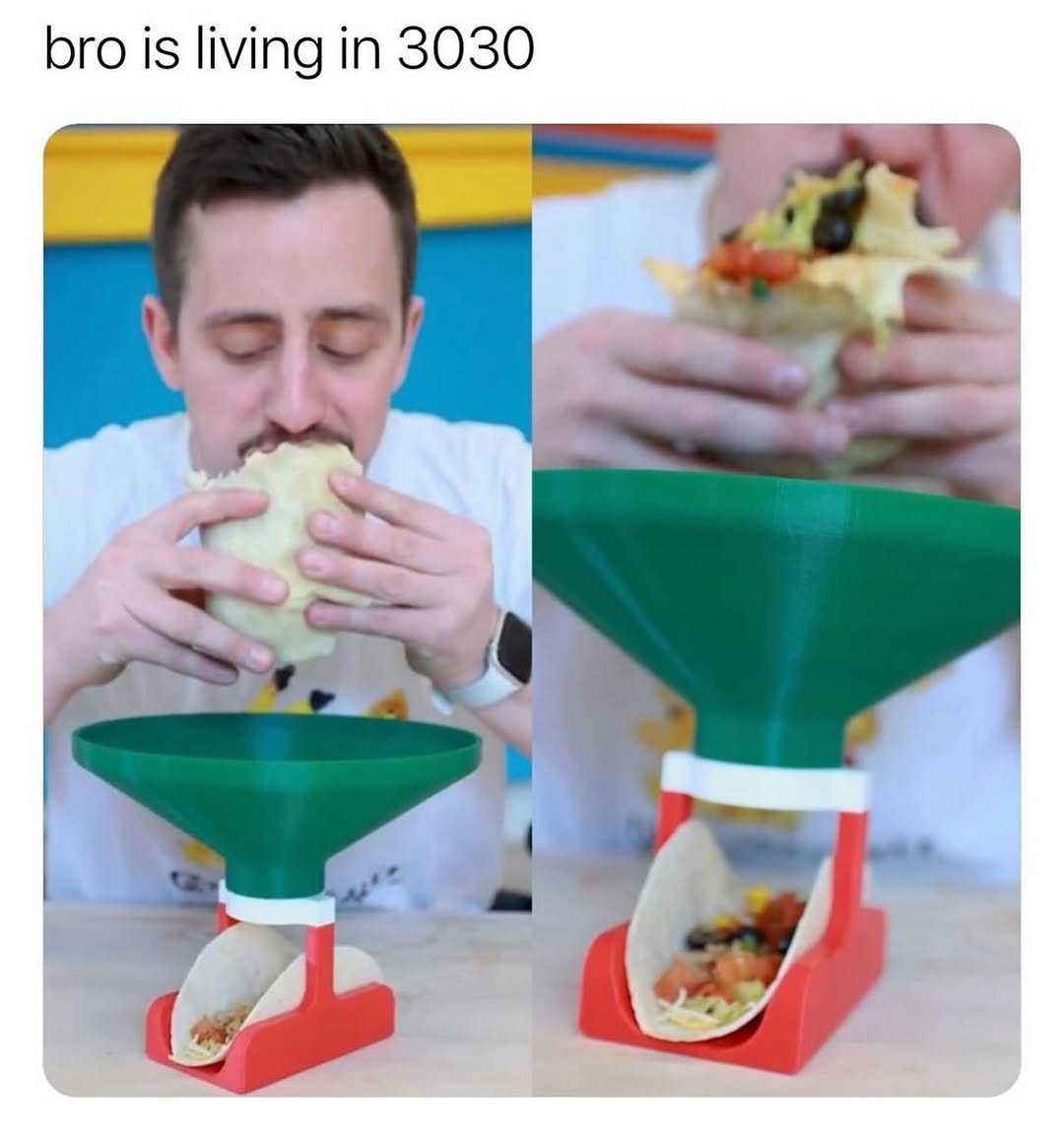 Split image of Matty eating a burrito over a green funnel that catches falling fillings.